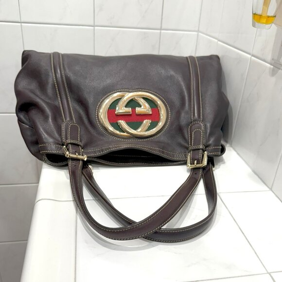 Gucci Britt GG Red Green Web Hobo Soho Leather Dark Brown Tote - MINT! - Picture 8 of 14